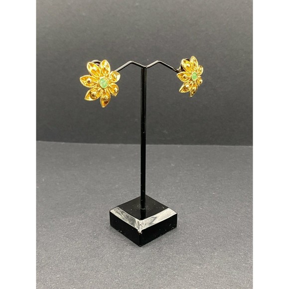 Vintage Gold Tone Flowers with Green Colored Rhinestone Earrings - Picture 5 of 5